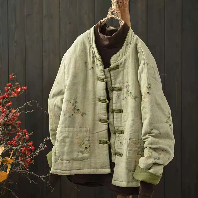 

Women Long Sleeve Quilted Coats New Arrival 2025 Autumn Vintage Style Floral Print Loose Female Thick Warm Casual Jackets M2055