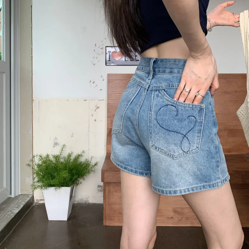 

Blue High Waisted Vintage Embroidery A-line Wide Leg Jeans Shorts Women Summer Korean Fashion Casual Washed Denim Short Pants