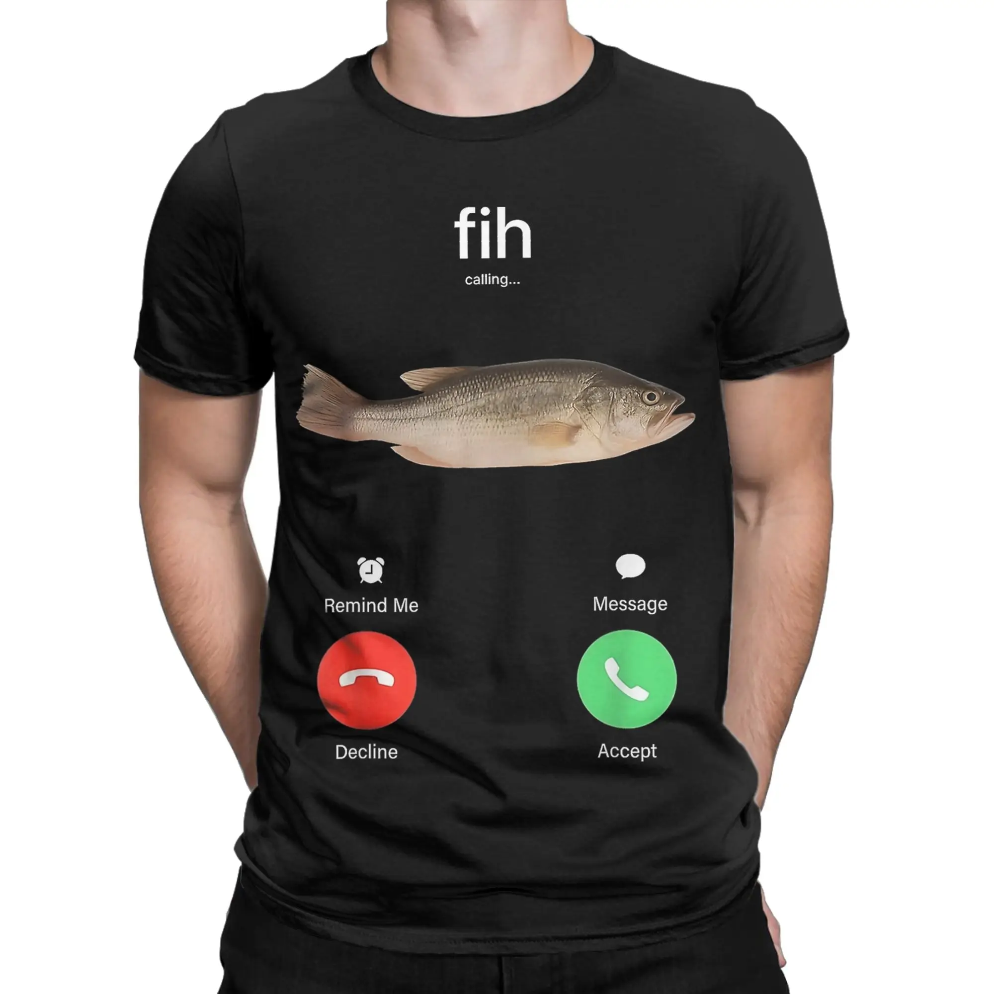Fih Calling Remind me Message Decline Accept Phone Call Fish T-Shirt Men's Cotton Tops Shirts Funny  Crewneck Short Sleeve