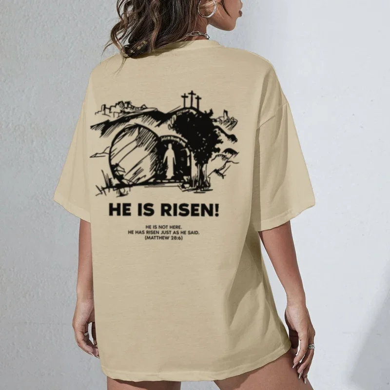 He Is Risen Back Print Women's Christian T-Shirts Vintage Bible Verse T-Shirts Unisex Easter Tees Jesus Religious Tops