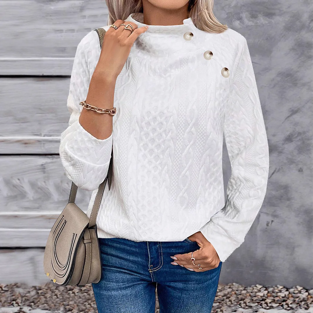 Women's Button Down Sweater Shirts High Crew Neck Long Sleeve Knit Sweater Loose Pullovers Textured Twill Pattern Hoodies