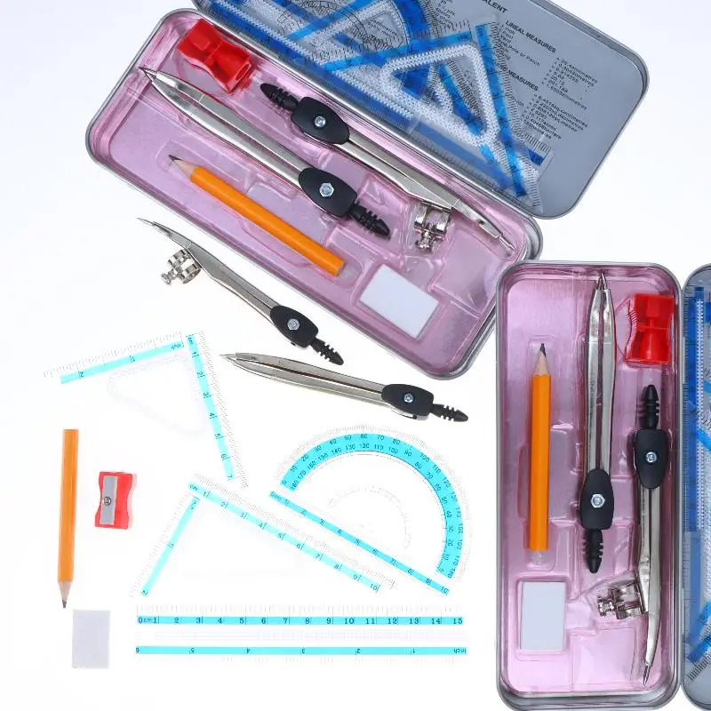9Pcs Multi-functional Mathematical Drawing Compass Kit Compasses And Rulers Set Kawaii Triangle Ruler Ruler Student Sets Ruler