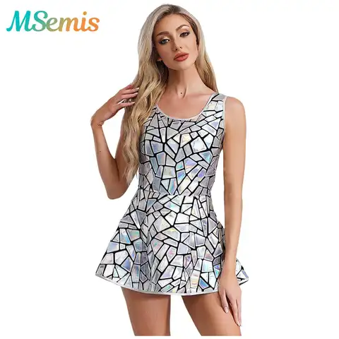 Women Sparkly Mirror Dress Bar Dj Gogo Jazz Dancer Costume A-line Short Dress Club Bodycon Dress Holiday Dress Party Dress