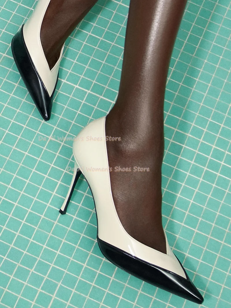 Black And White V-Shaped Color Blocking Patent Leather Low-Cut Women's Shoes Pointed Tip Stiletto Heels Style Evening Shoes 2026
