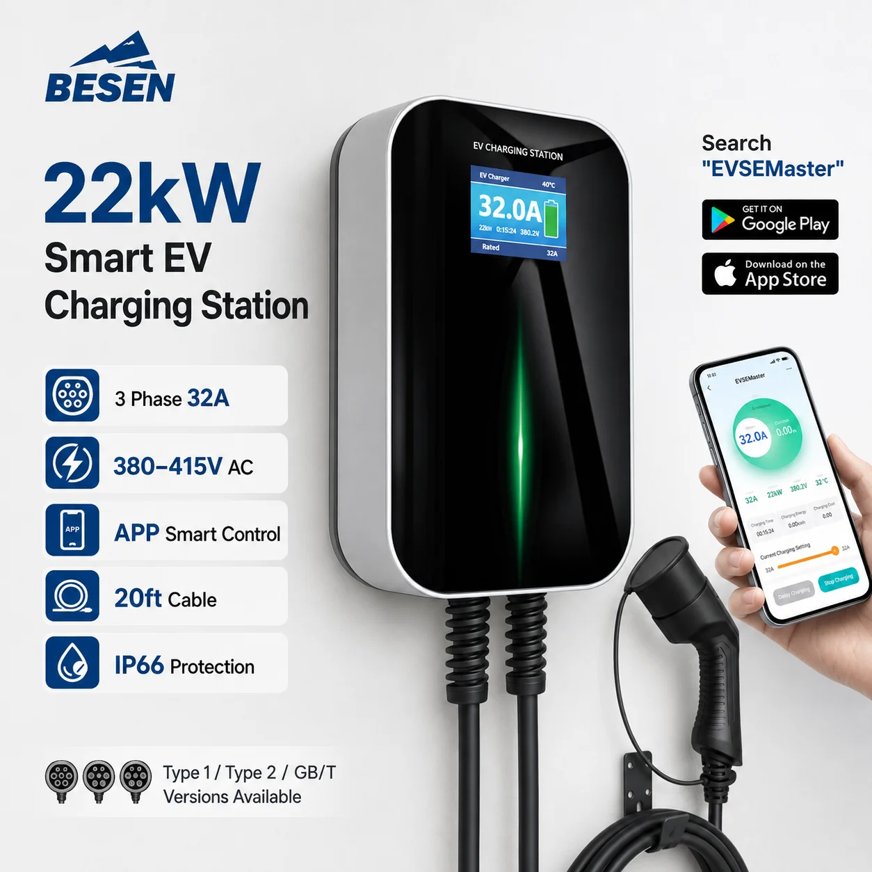 APP Control 220V-480V Electric Fast Charging  7KW/ 11KW/ 22KW EV Charger for Tesla Interface Standard 32A Rated Current New