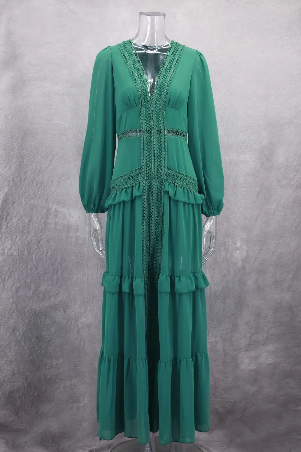 Feminino elegante em camadas babados retalhos vestido longo chique decote em v puff mangas completas dividir maxi vestidos moda senhora festa robes