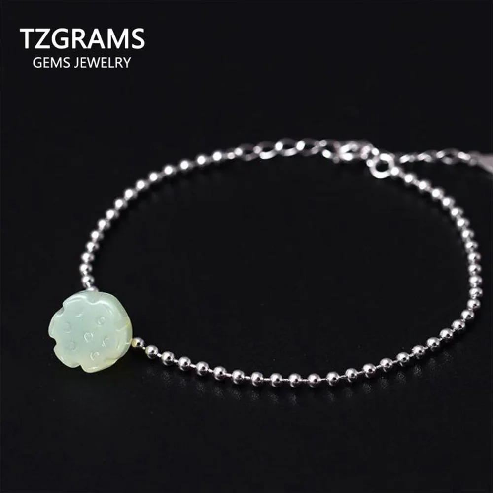 

Original Design Ethnic Style Genuine 925 Sterling Silver Beads Bracelet With Lotus Natural Jade Charms For Women