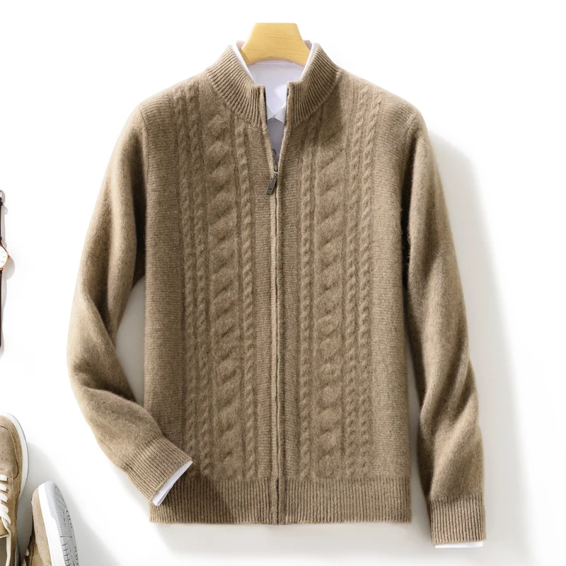 

High Quality Men Mock Collar Twisted Cardigan Autumn Winter Thick Zipper 100% Merino Wool Sweater Casual Coat Cashmere Knitwear