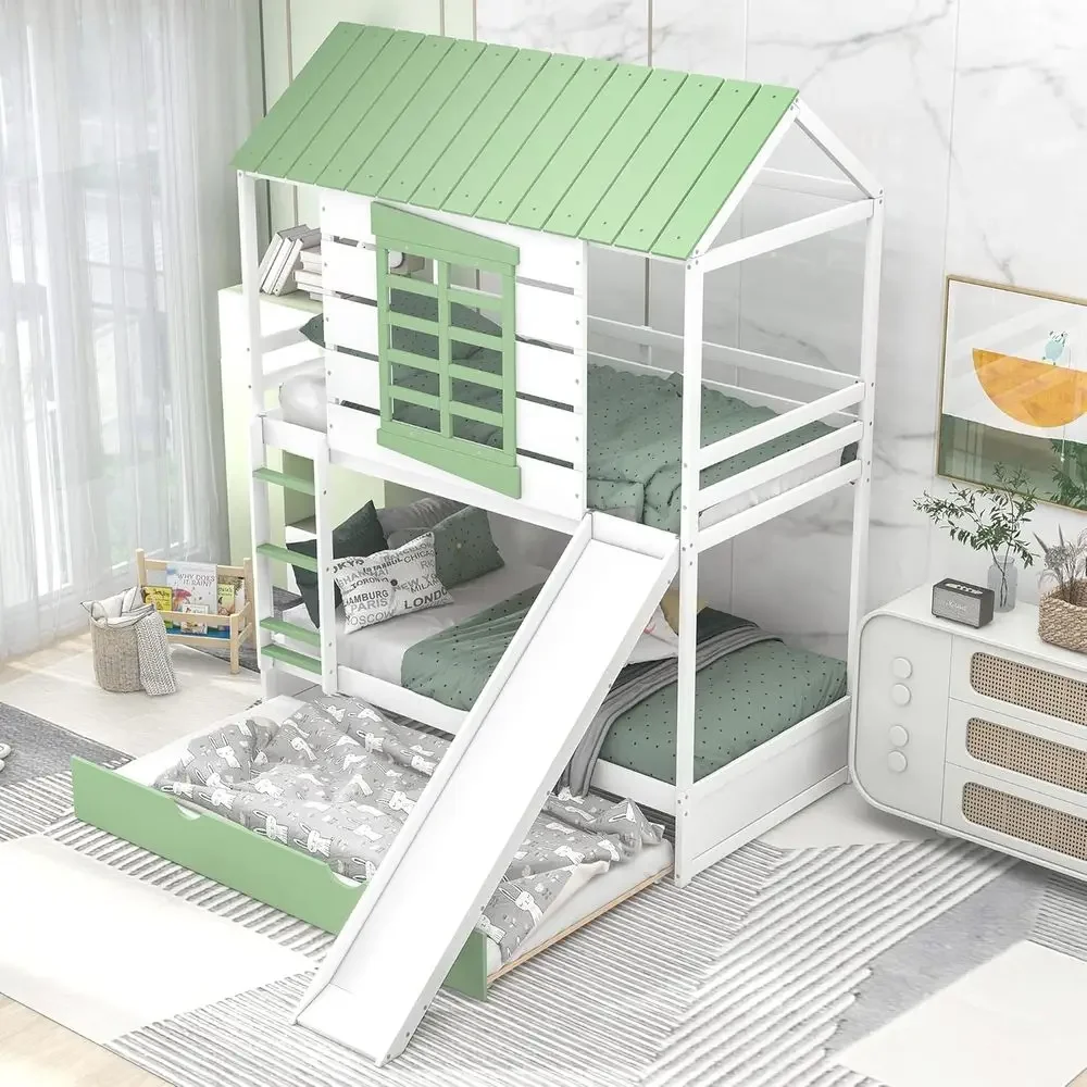 

Twin Over Twin Bunk Bed with Slide, Trundle & Windows - Space-Saving, White and Green for Kids and Teens