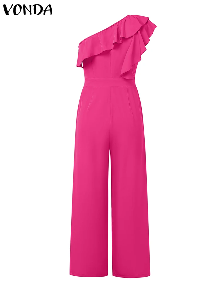 VONDA Jumpsuit Wanita Kantor Musim Panas Elegan Romper Panjang Wanita 2025 Overall Solid Kerut Bahu Terbuka Celana Kaki Lebar Mode