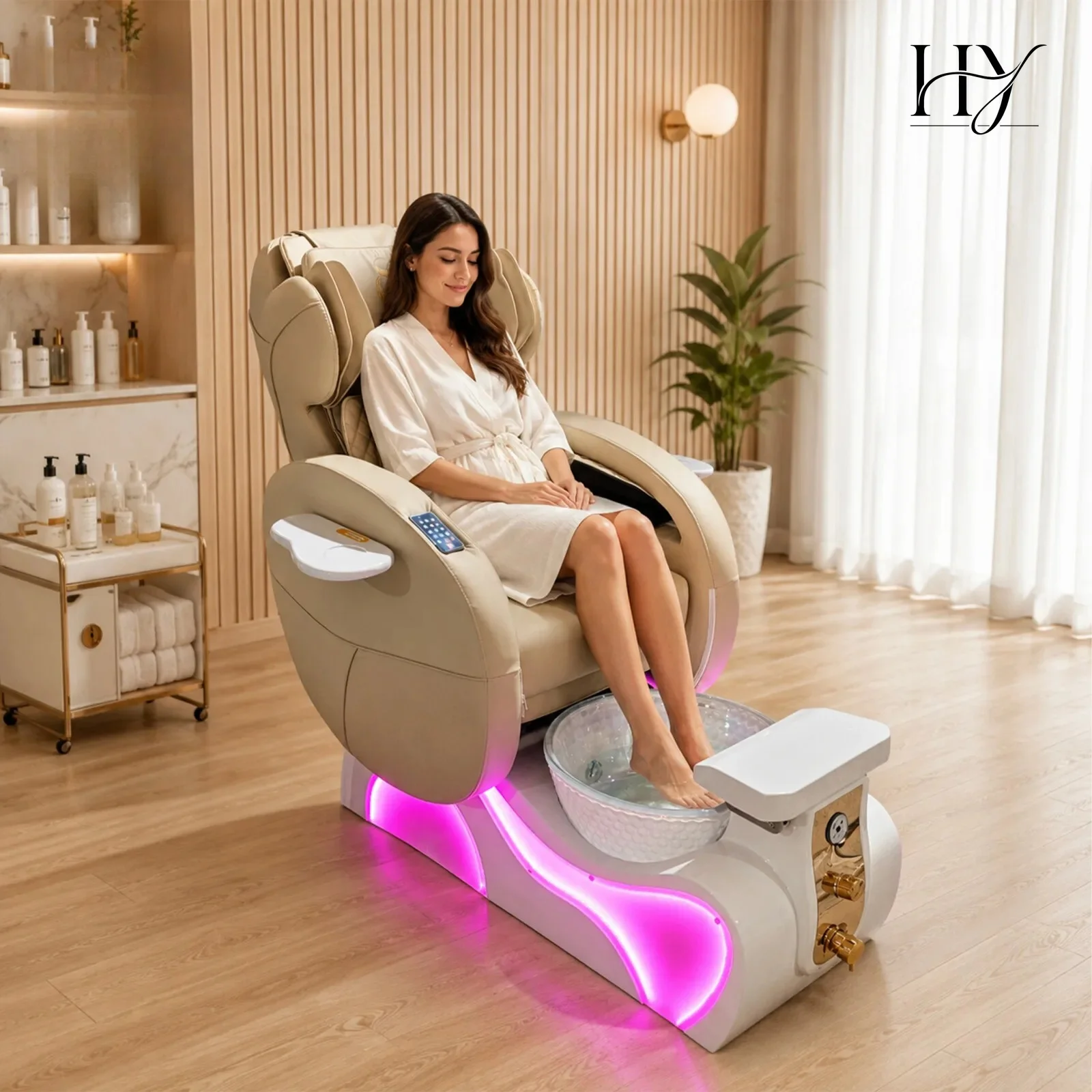 Luxury LED Pedicure Spa Chair Electric Adjustable Foot Massage Glass Basin PU Leather Manicure Station for Esthetician Salon Spa