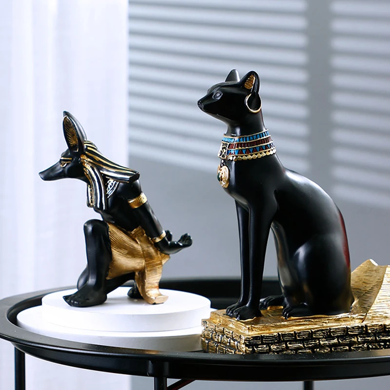 NORTHEUINS Resin Anubis Dog God Wine Rack Figurines Bastet Bottle Holder Egypt Cat Statue Restaurant Cabinet Tabletop Decor Item