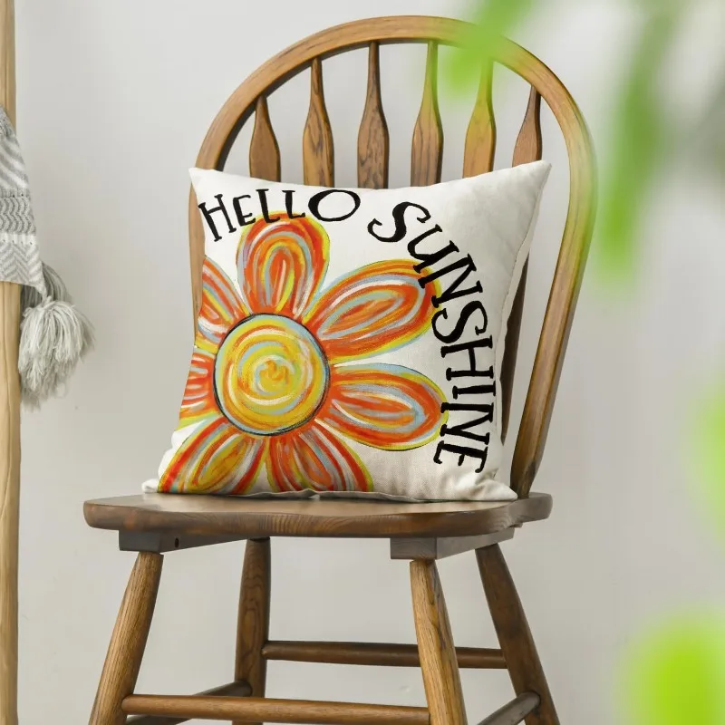 1pc HELLO SUNSHINE Rainbow Flower Throw Pillow Cover,Suitable for Sofa,Bedroom,Living Room,A Cheerful Gift for Sunshine Lovers