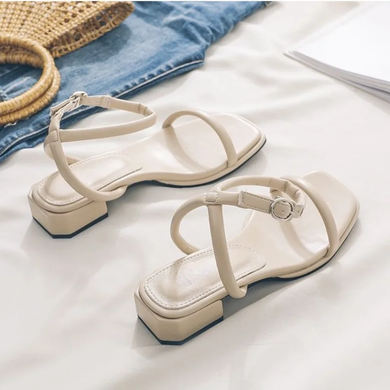 Fashion Womens Shoes 2025 Female Sandal Buckle Mid-Calf Strap Med Block Heels Luxury Peep Girls Beige Medium Chunky Sandals view 5