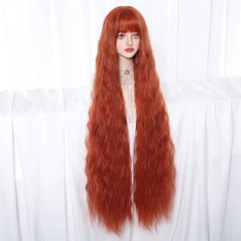 Copper Red Super Long Curly Synthetic Wig with Bangs Ginger Lolita Wavy Heat Resistant Cosplay Halloween Party Wigs for Women