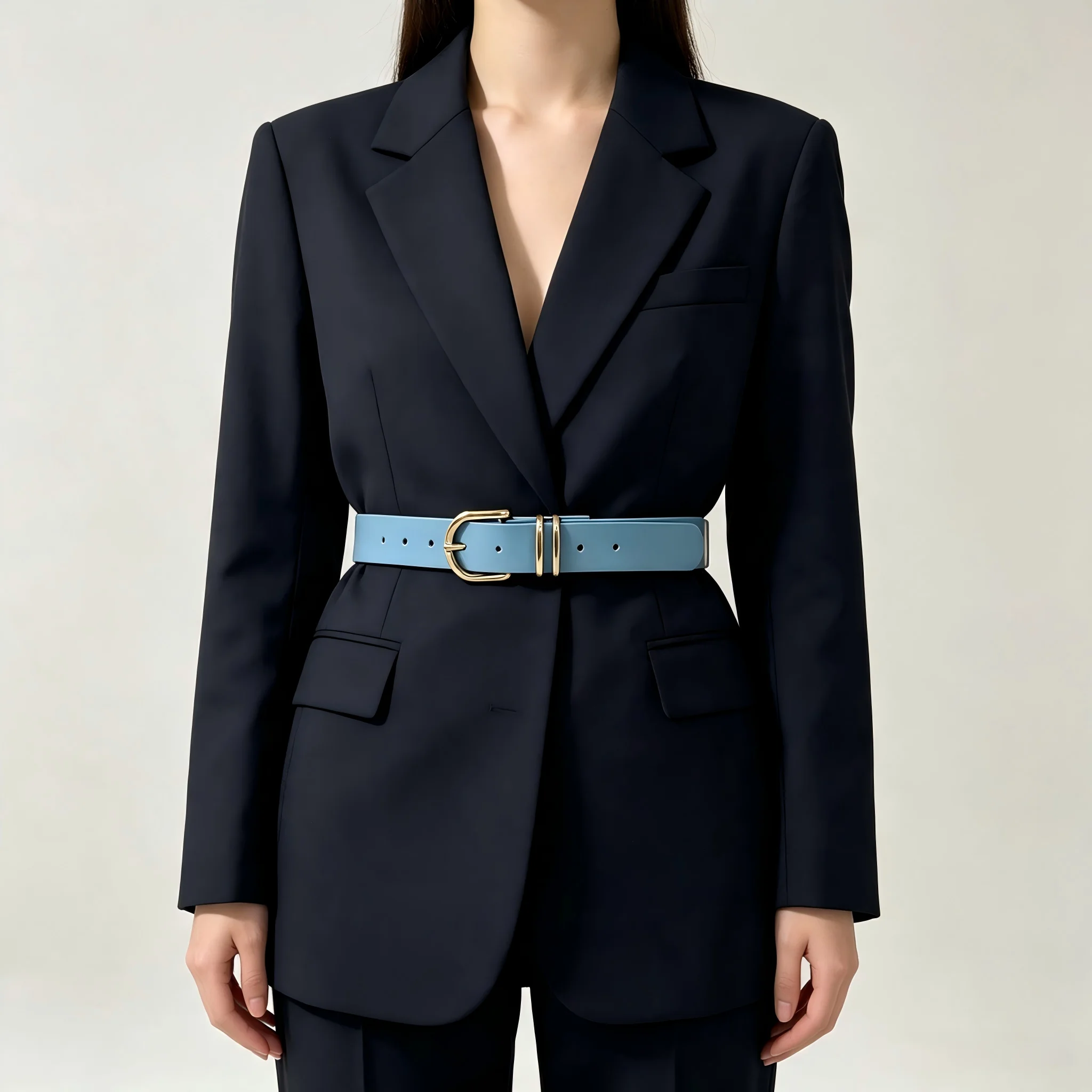A women's belt in pure blue with metal double buckles, simple and versatile, perfect for vacation and leisure, Bohemian style
