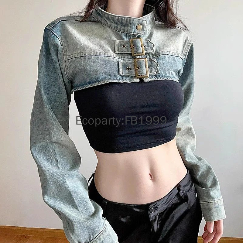 Women Fashion Denim Jacket Y2K Aesthetic Vintage Sexy Crop Tops Coat Japanese Harajuku Streetwear Female Spring Summer Outerwear