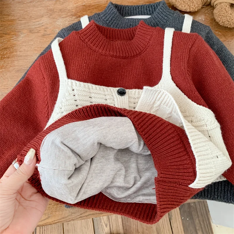 Autumn Winter Children Girls Fake Two Sweater Thicken Velvet Knitted Toddler Girls Pullover Retro Round Collar 1-6Y Girls Jumper