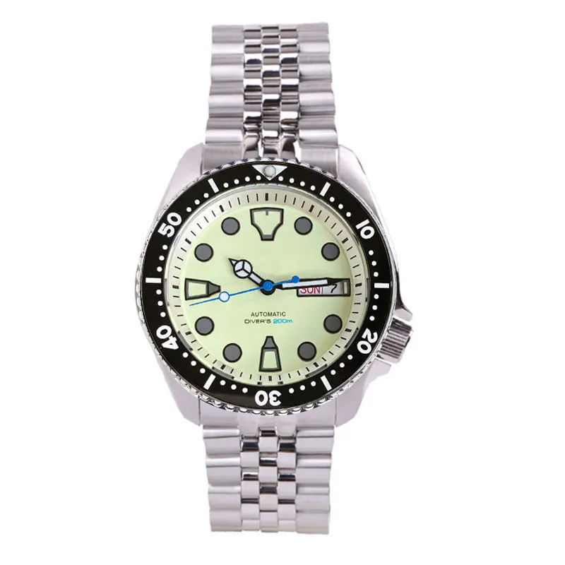 Tandorio 41mm NH36A Mechanical Men Watch 3.8 Crown Full Green Luminous Beige Dial Date/Weekday Window Jubilee Bracelet image 3