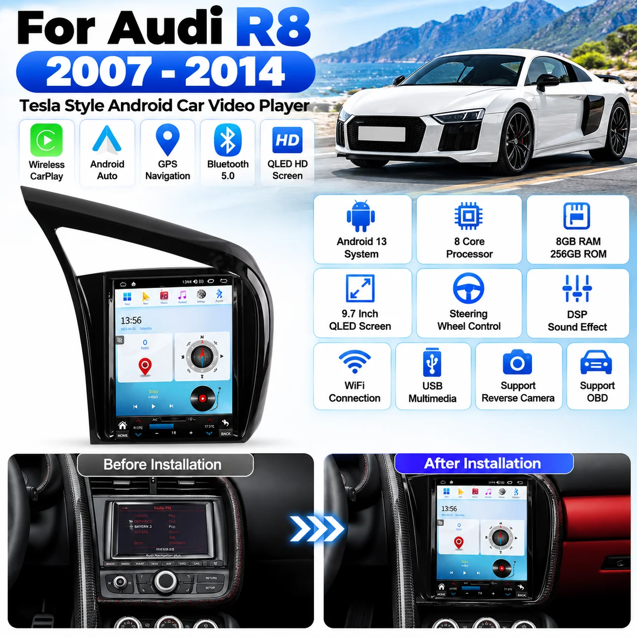 8G+256G Tesla Style For Audi R8 2007-2014 Car Video Player Android 13 Multimedia Stereo Player CarPlay GPS Navigation Head Unit