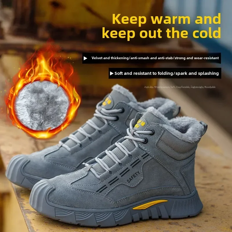 

Winter Fluffy Work Safety Shoes Men Warm Safety Boots Anti-smash Anti-stab Work Shoes Sneakers Steel Toe Shoes Male Work Boot