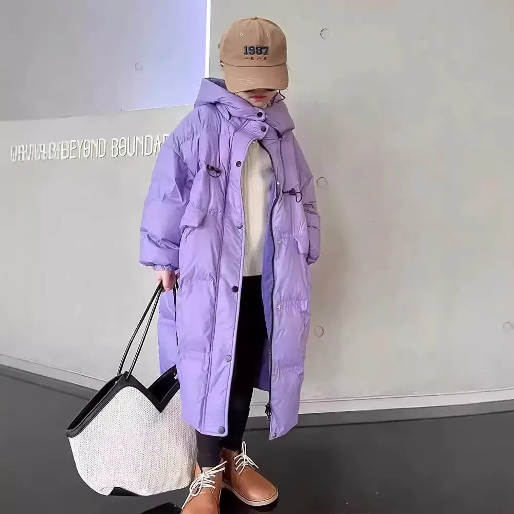 Winter Warm Girls Plain X-Long Hooded Zipper Drawstring Puffer Jackets School Kids Thick Coat Children Outfit Windbreaker 5-16Yr