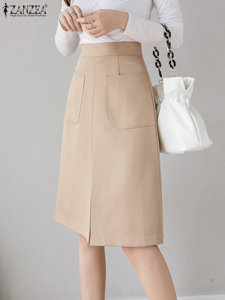 

2024 ZANZEA Elegant Summer Women OL Work Skirts Female Split Hem Office Party Faldas Saia High Waist Solid Knee-length Skirt