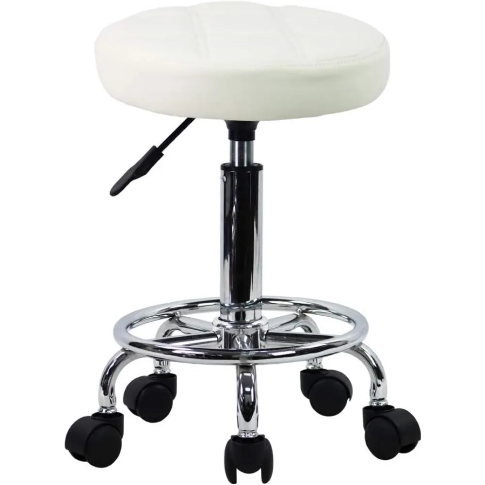 Adjustable Rolling Stool Chair with PU Leather, Swivel & Wheels for Office Salon Home (White)