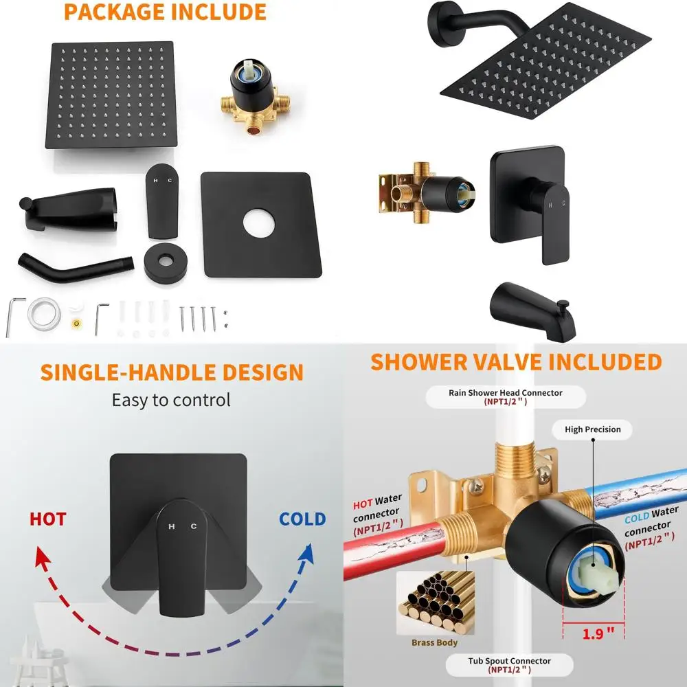 

Matte Black Shower Set with 8-Inch Rainfall Showerhead and Tub Spout