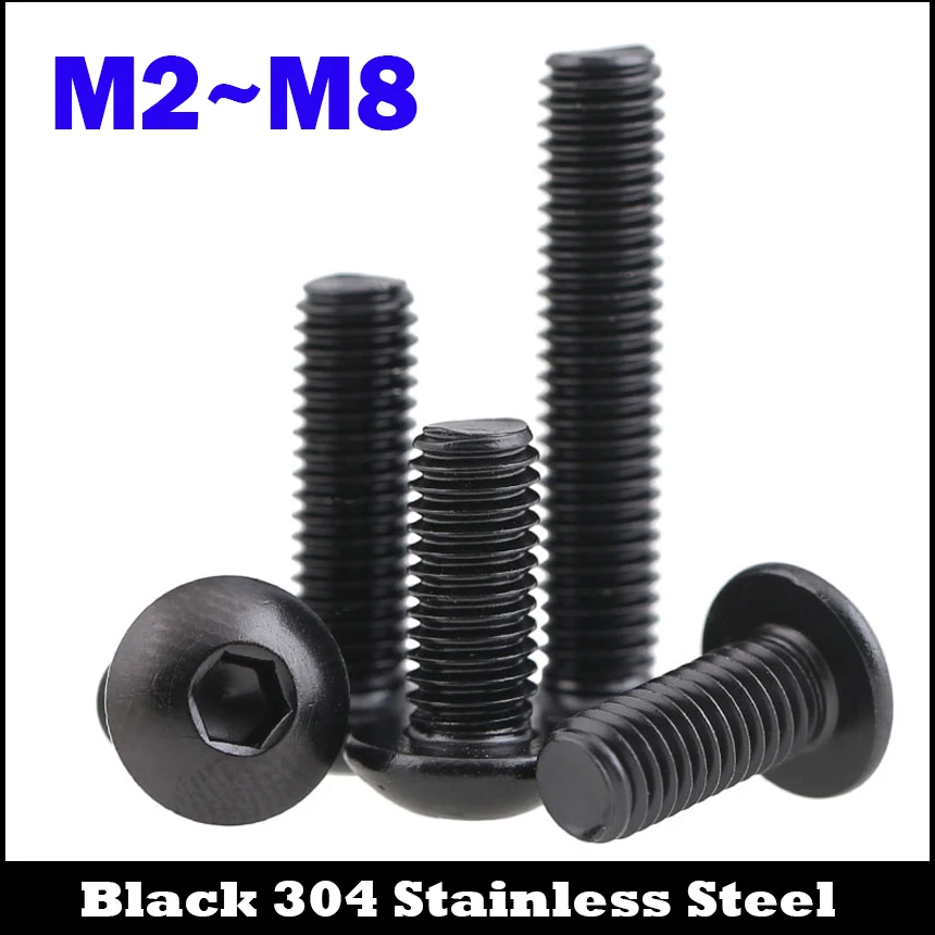 1~30pcs Length：3mm~60mm Black 304 Stainless Steel Round Head Hexagon Socket Screws Thread Mechanical Metric M2~M8