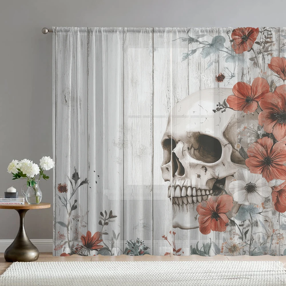 2Pcs Skeleton And Orange Flower Print Home Decoration Window Screens Suitable for Coffee Shop, Restaurant, Bedroom