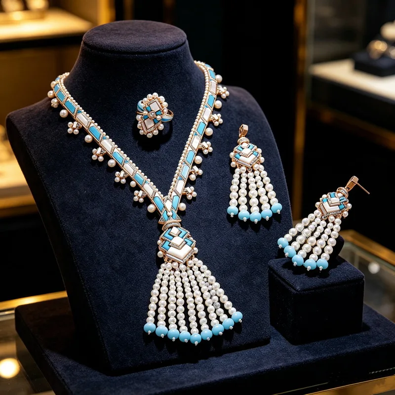 europe-america-style-ring-earrings-necklace-inlay-cubic-zircon-mother-of-pearl-turquoise-pearls-tassels-party-jewelry-sets