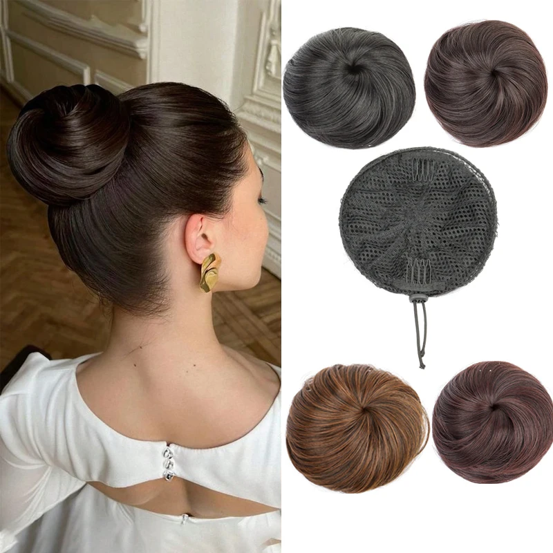 Synthetic Hair Bun Hair Drawstring Hair Bun Wig Flexible Brown Chignon Bun for Women Daily Use