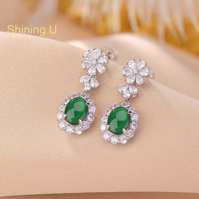 Shining U S925 Silver Floral Jade Drop Earrings for Women Fine Jewelry New Chinese Style Gift