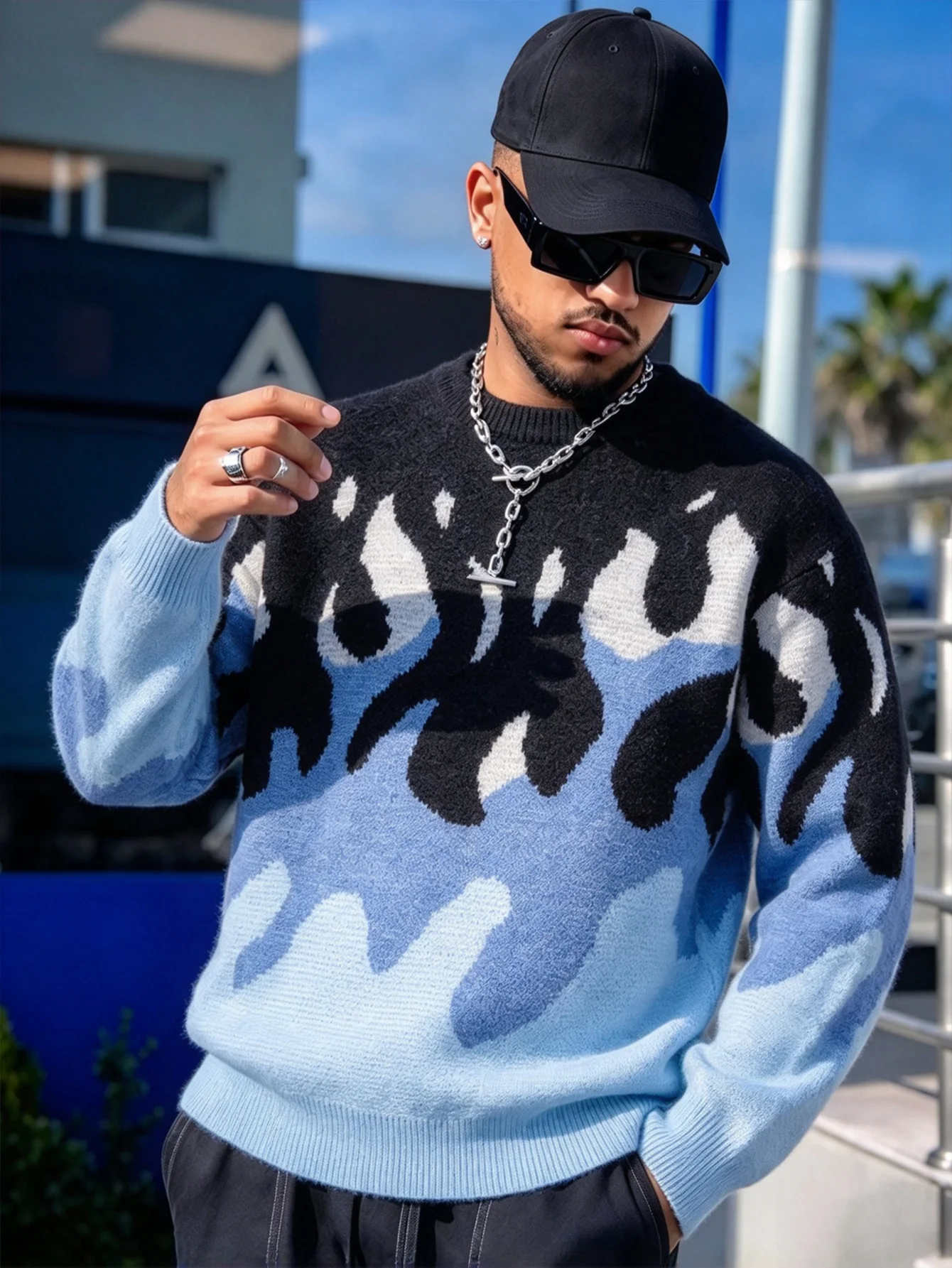 Men Y2K Fire Pattern Jacquard Sweater Round Neck Long Sleeve Loose Pullover Streetwear Hip Hop Color Block Knit Jumper Casual