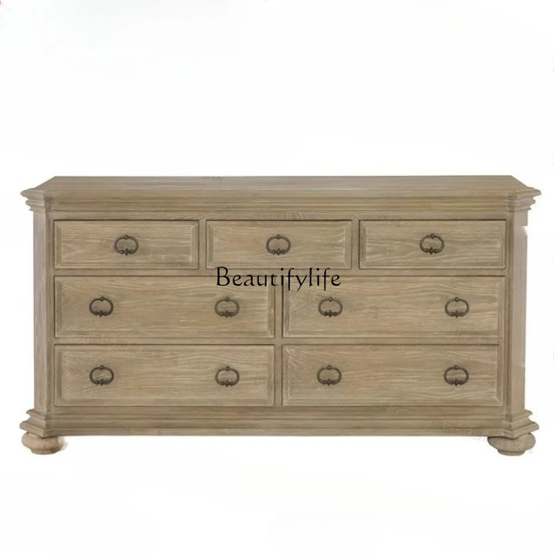 

American rural solid wood chest weathered white retro old seven-bucket bedside cabinet