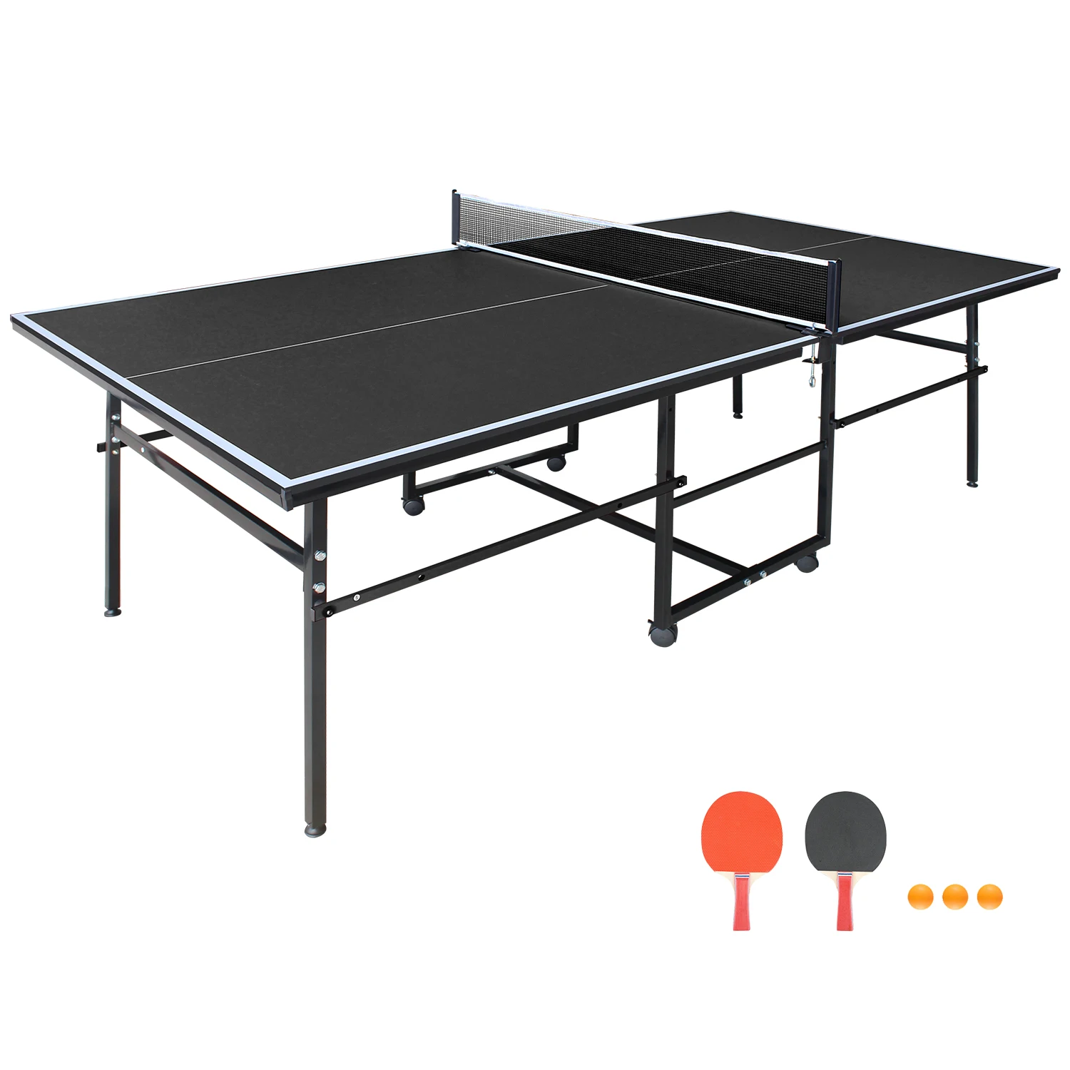 

8.5 x 4.3 ft Black Foldable Table Tennis Table Set, Portable Ping Pong Table with Net, 2 Paddles and 3 Balls