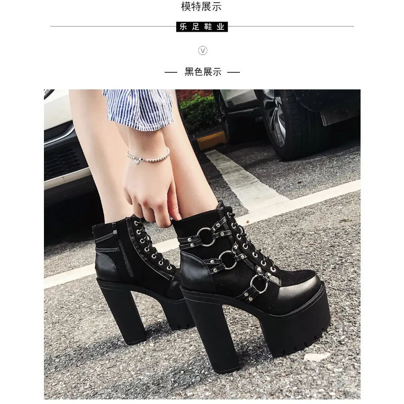 2024 Women\'s Black Gothic High Heel Ankle Boots Sexy Chain Punk Style Patent Leather Platform Boots Lace Up Motorcycle Boots