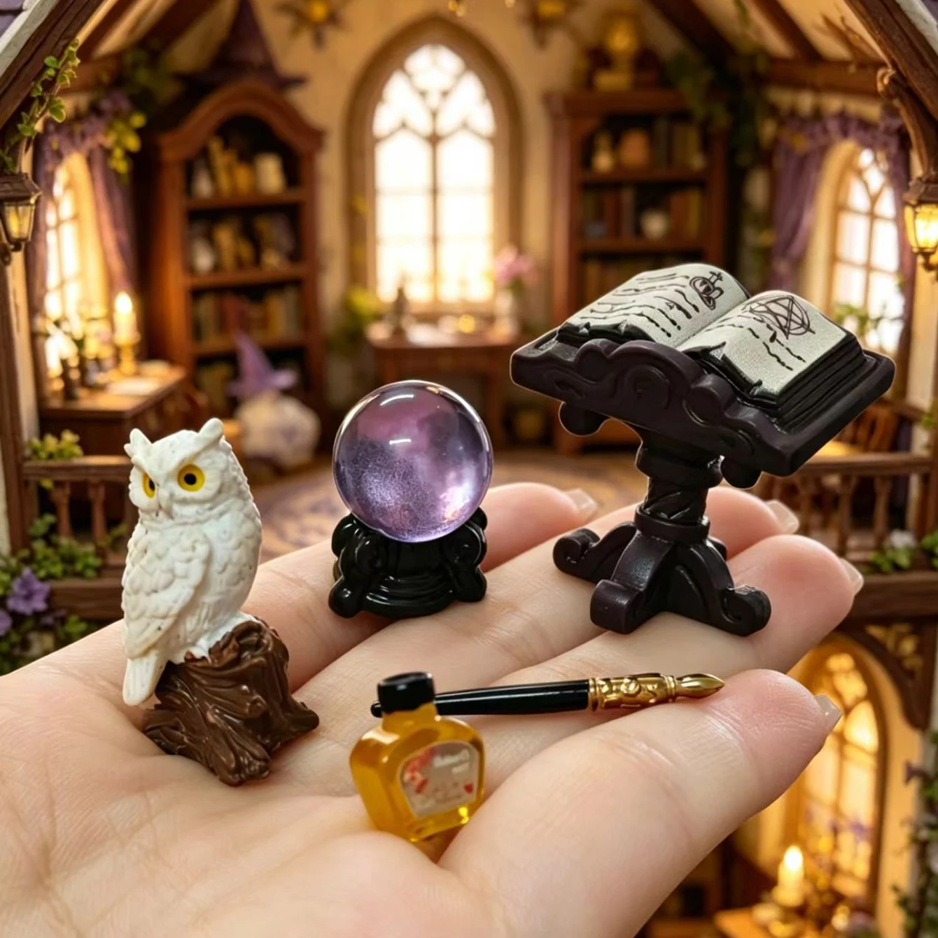 5 peças de figurinha mágica de coruja em miniatura, acessório para casa de bonecas, cenário em miniatura de coruja com bola de cristal e caneta de remédio