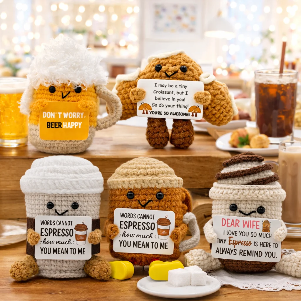 FoodSeries Positive Energy Coffee Beer Crochet Doll Handmade Knitted Decor Ornament Encouragement Card Mini Desk Decor Gift