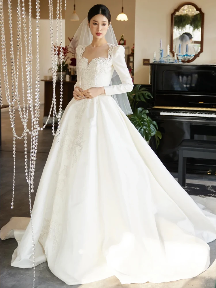 

Ele Satin Long Sve Wedding Dr Simple Lightweight Luxury ort Tail Summer New Arrival Korean Sle Bridal Gown