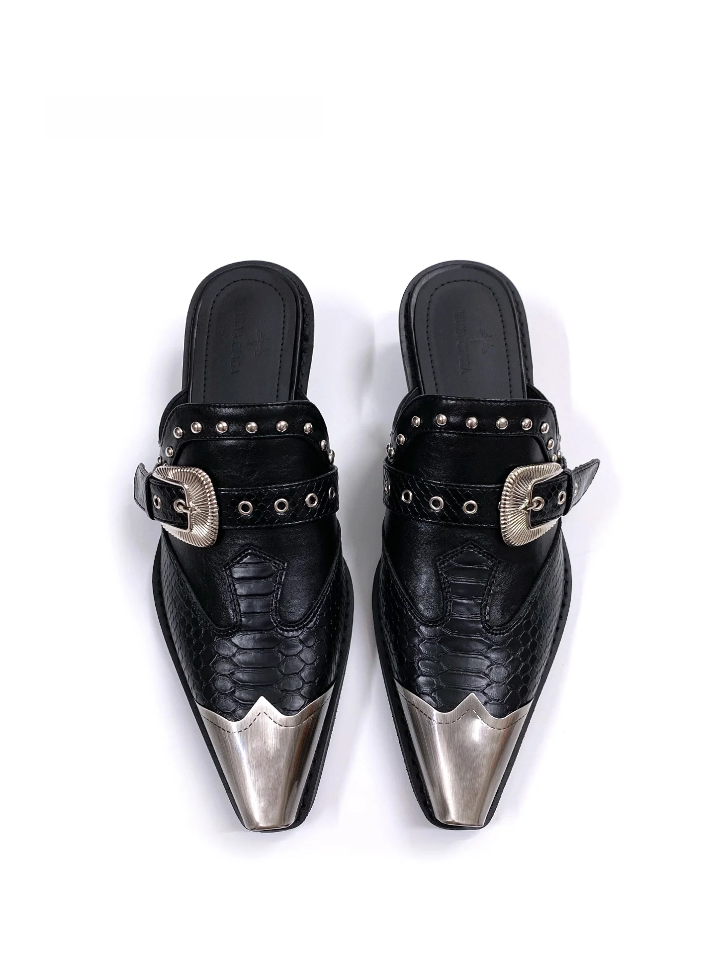 Punk Style Metal Pointed Toe Mules Unisex Slip-On Chic Hong Kong Style Heel Boosting Semi-Slip Women's Fashion Single Shoes