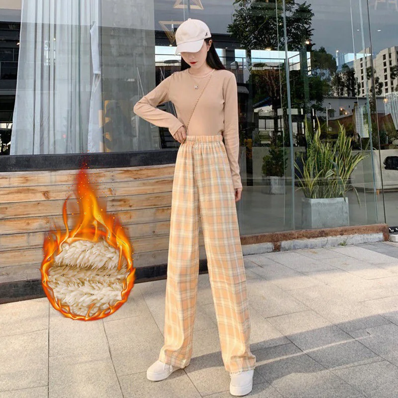 2024 new high waist loose plaid pajama trousers  Women\'s spring, autumn and winter leisure thin straight wide leg pajama trouser