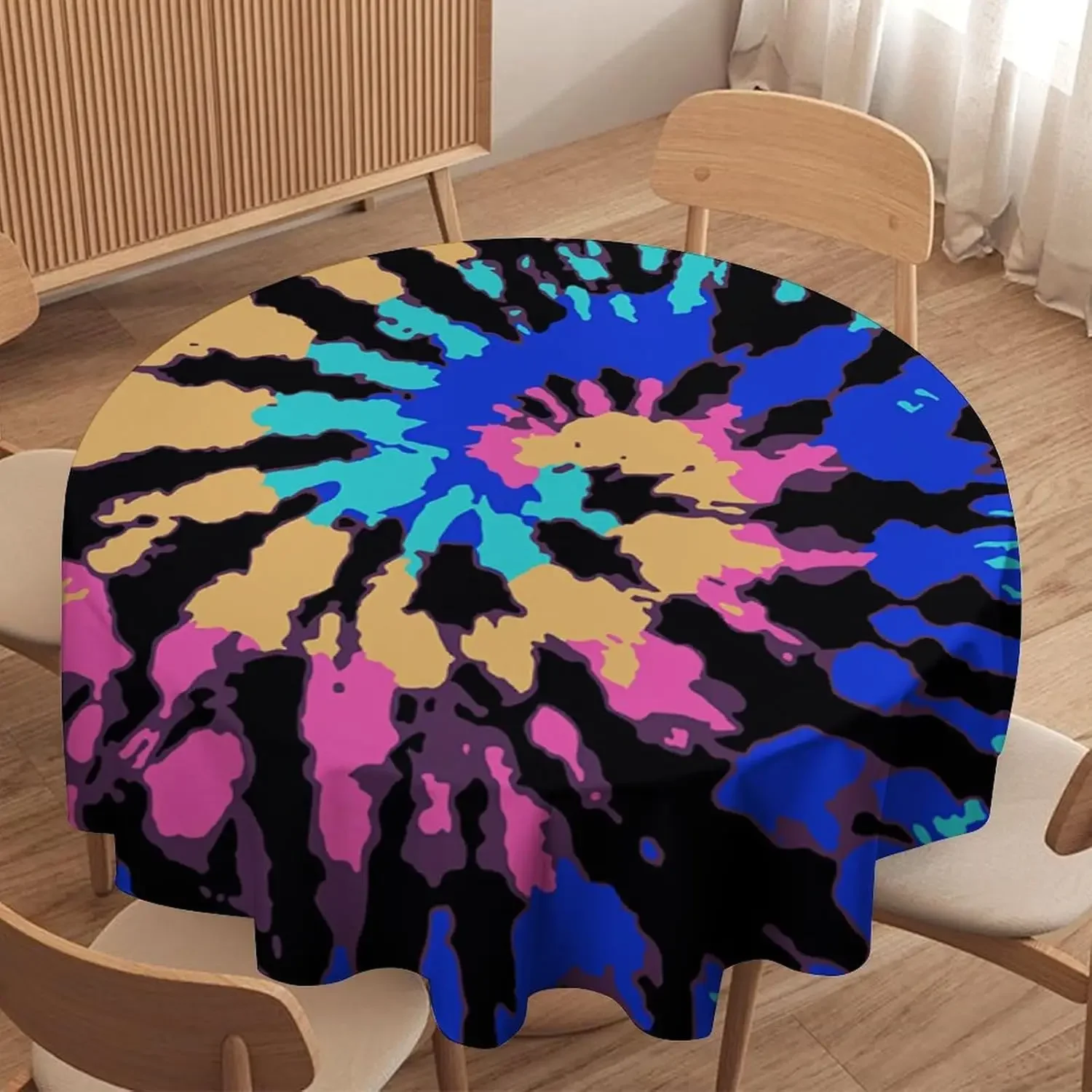 Retro Spiral Hippie Swirl Tie Dye Circle Tablecloth - Chic Watercolor Colorful Water Resistant Cover
