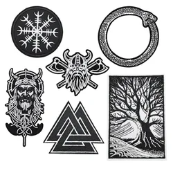 Vikings Aegishjalmur Embroidery Patches Iron on Nordic Runes Appliques Circle Triangle Cloth Stickers Mjölnir Badge for Garments