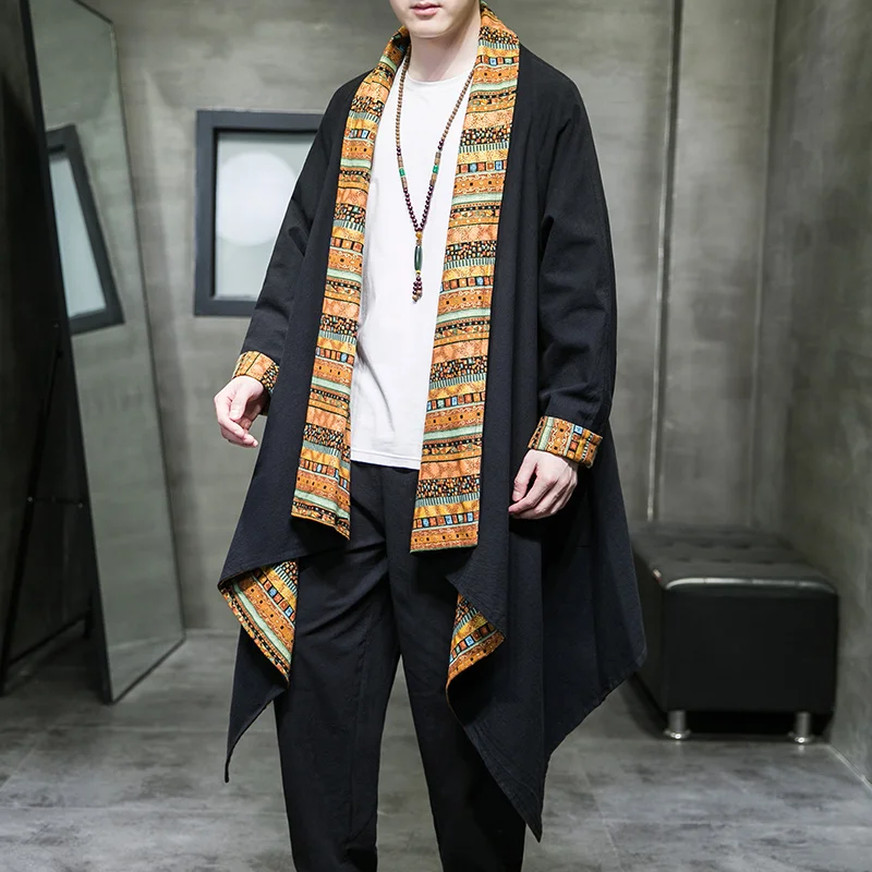 Chinese Traditional Dress Mid-Length Cardigan Men Clothing Ethnic Style Patchwork Cloak Robe Plus Size Hanfu Oversized Coats