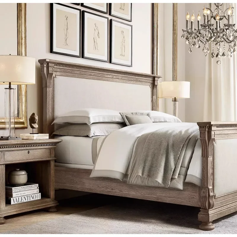 American simple carved old solid wood bed 1.8 meters master bedroom double bed French retro high-end oak bedroom