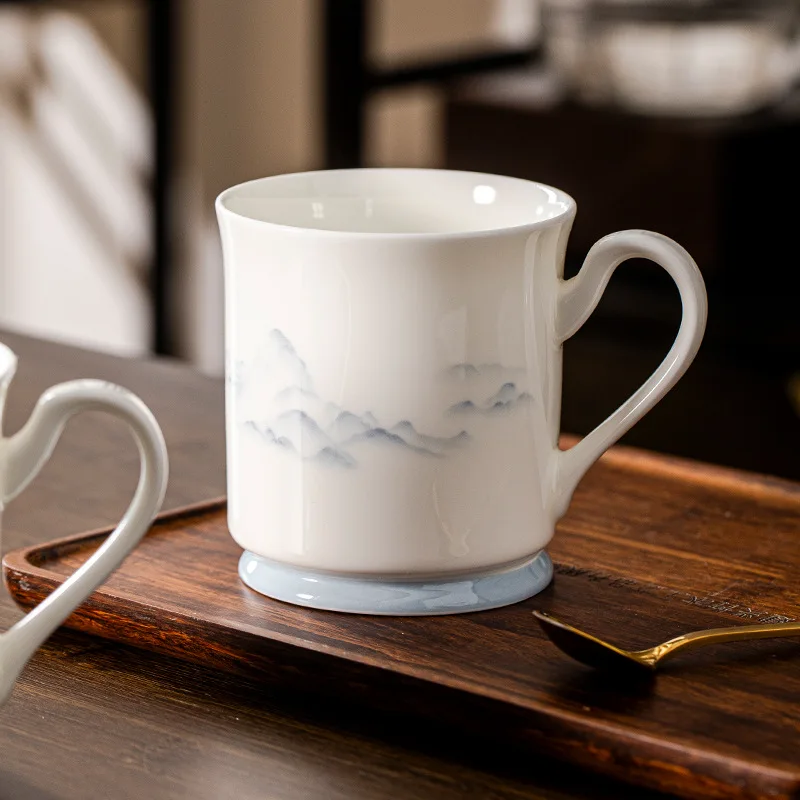 

Jingdezhen Ceramic Mug White Large Capacity Water Cup, Office Tea Drinking, Landscape Painting Pattern，Capacity 300ml