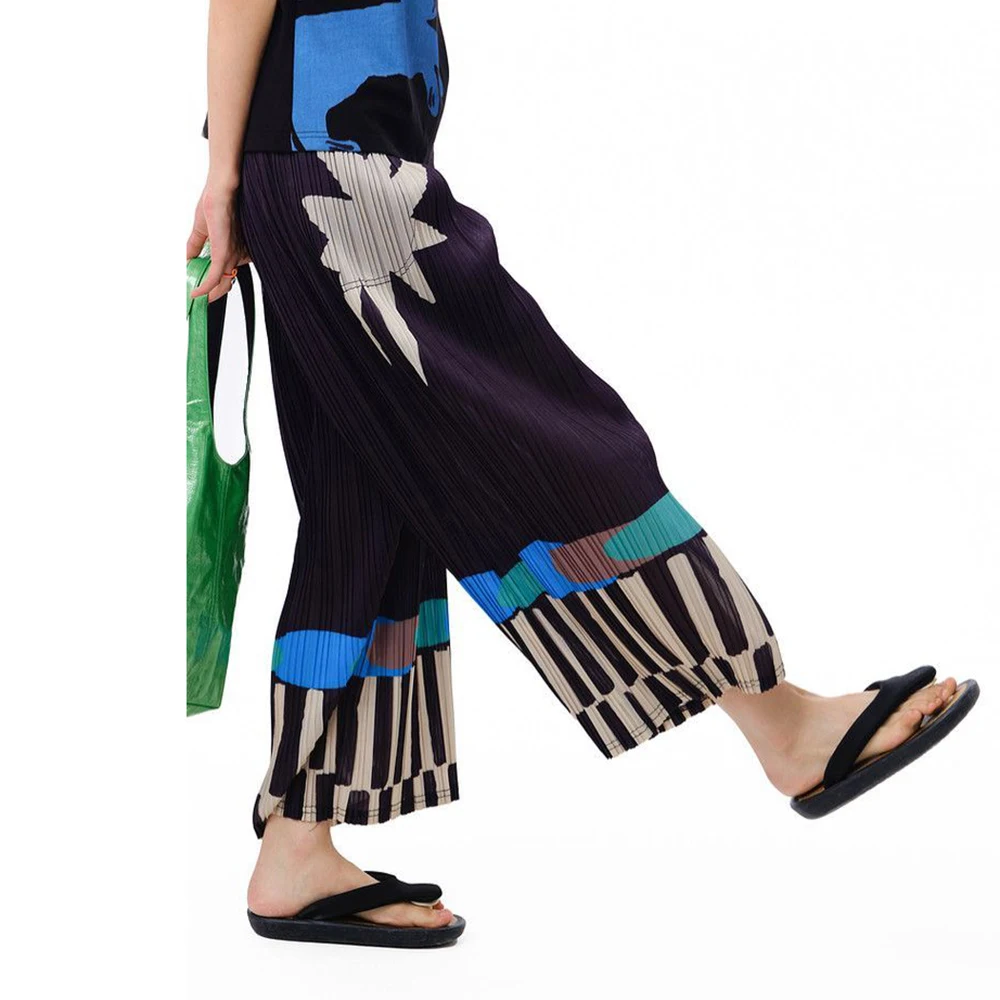 Pleated summer new FUN series elastic waist pocket fun printing casual straight-leg pants women trousers