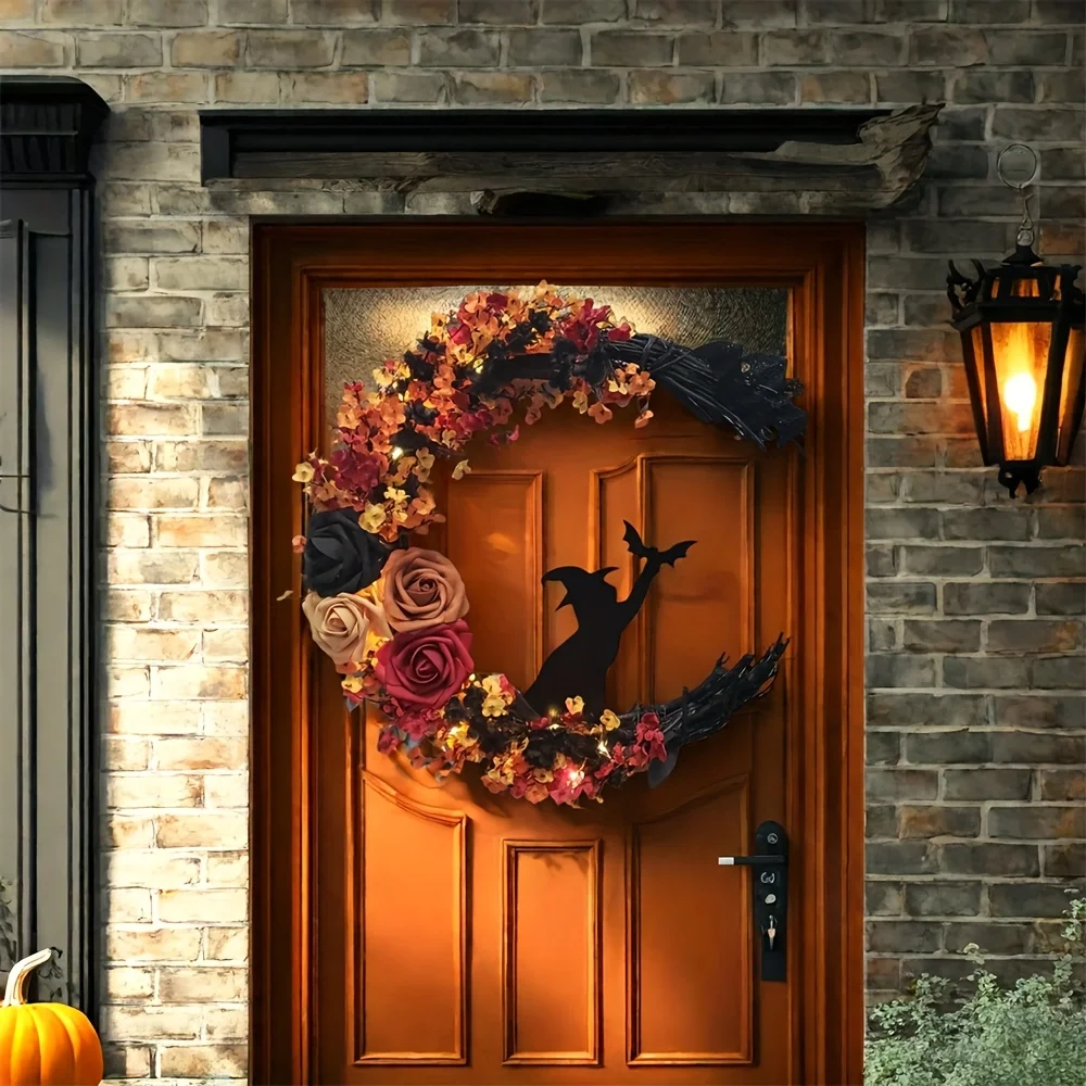 D2 Halloween Witch Cat Rose Wreath Hanging Gothic Crescent Moon Christmas Wreath For Home Party Wall Window Decor Indoor Outdoor view 5